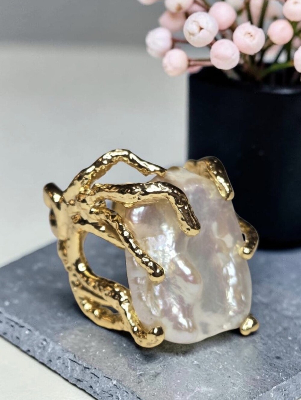 18k Gold Plated Artisan Genuine Freshwater Pearl Branch Caged Chunky Ring